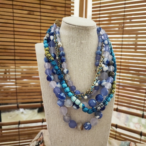 5 Strand Blue Acrylic Bauble Stone Rhinestone & Fabric Beaded Unsigned Necklace - Picture 9 of 12